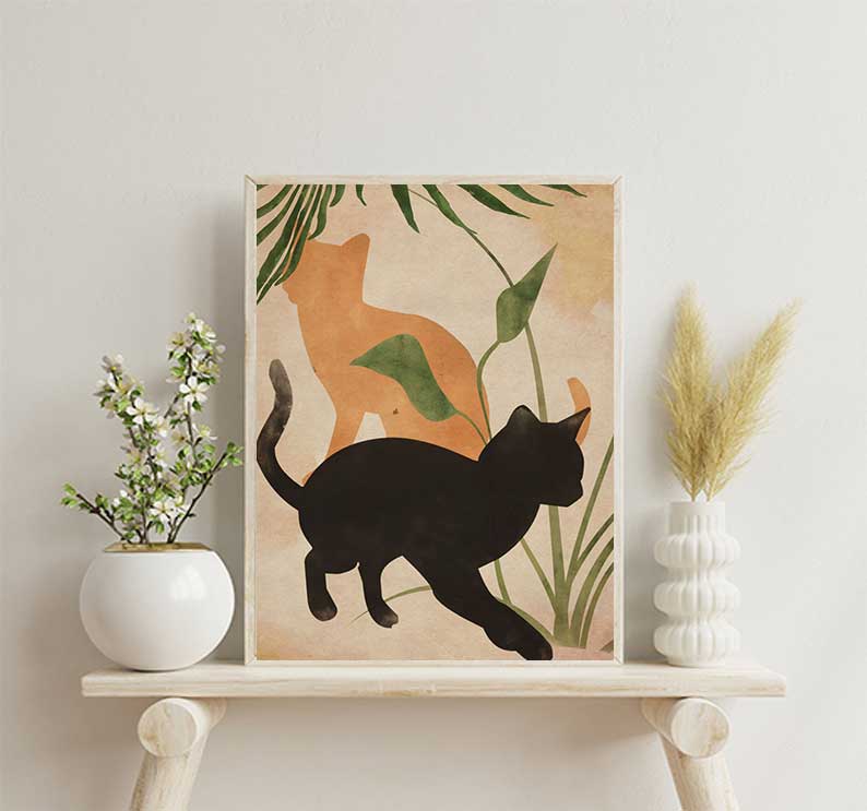 Аннотация кошачья художественная плакат черная кошачья печати стена искусство бохо, художественные принты черная кошачья картинка для домашней спальни декор для читания комнаты для дома