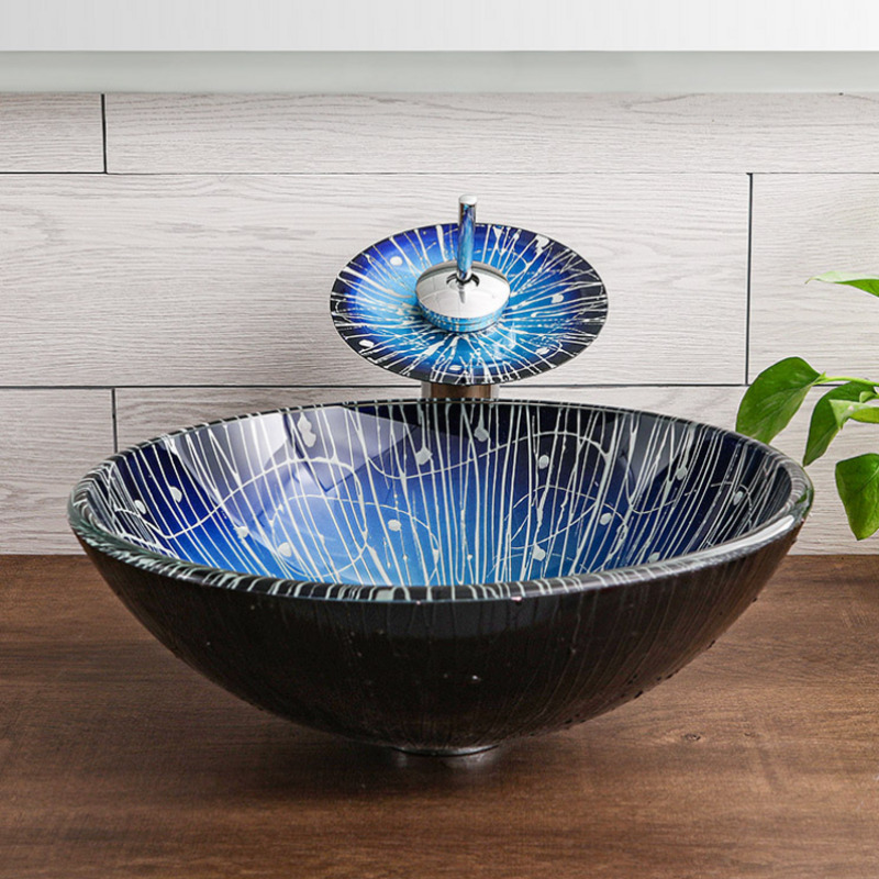 Bathroom Sanitary Ware Round Bowl Basin Hotel Countertop Washbasin Set Pattern Tempered Glass Vessel Sink