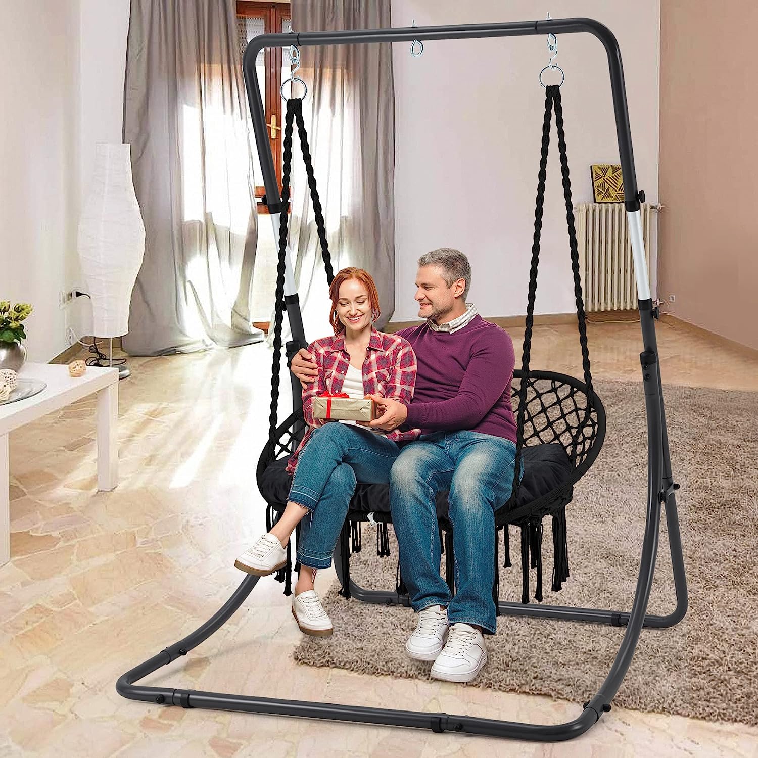 Chaise hamac suspendue swing corde, max 450 lbs, grande chaise suspendue macrame avec un kit de matériel supérieur avec un kit matériel