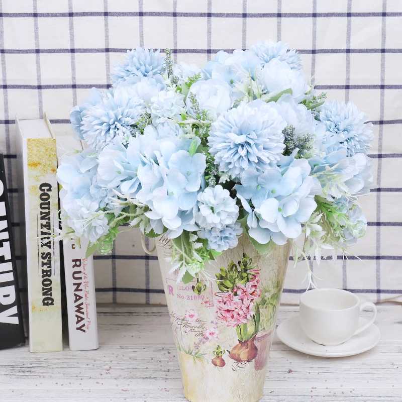 Fleurs séchées Fleurs artificielles Peony Sky Blue Fake Fleurs Hortensia Herme de haute qualité Bouquet Luxuet Décoration de mariage pour la table de table Home