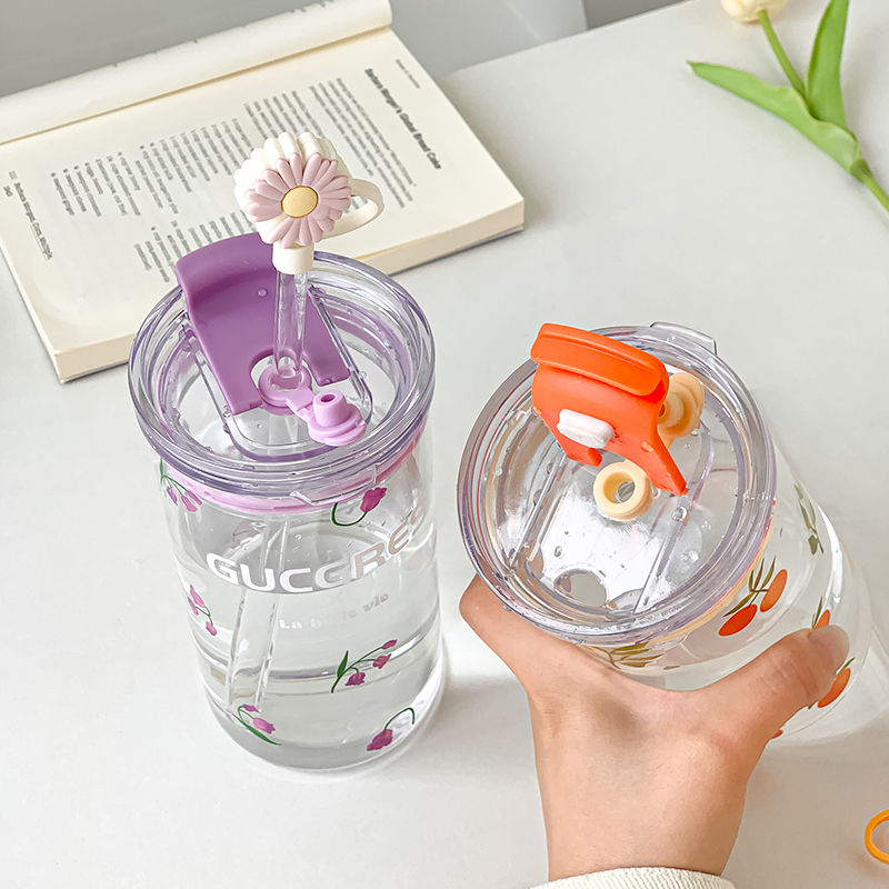 550 ml blomma glas kopp transparent glasögon med lock och halm bubbla tekopp iskaffe för juice mjölkvatten koppar dricker