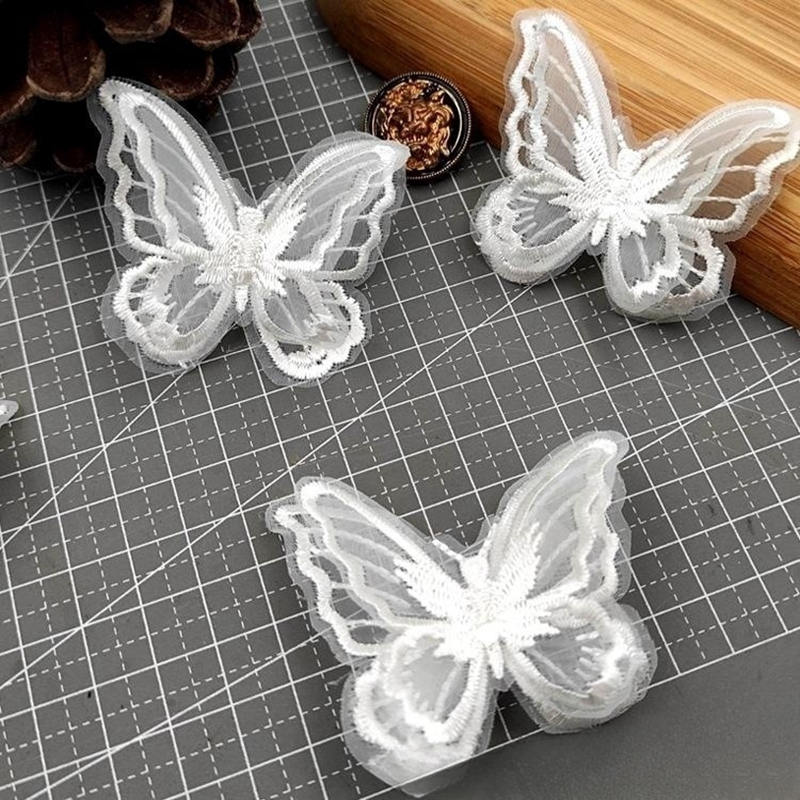 White Organza Double Layer Butterfly Patches Embroidery Trim Decal For DIY Handmade Hairpin Decorate Accessories