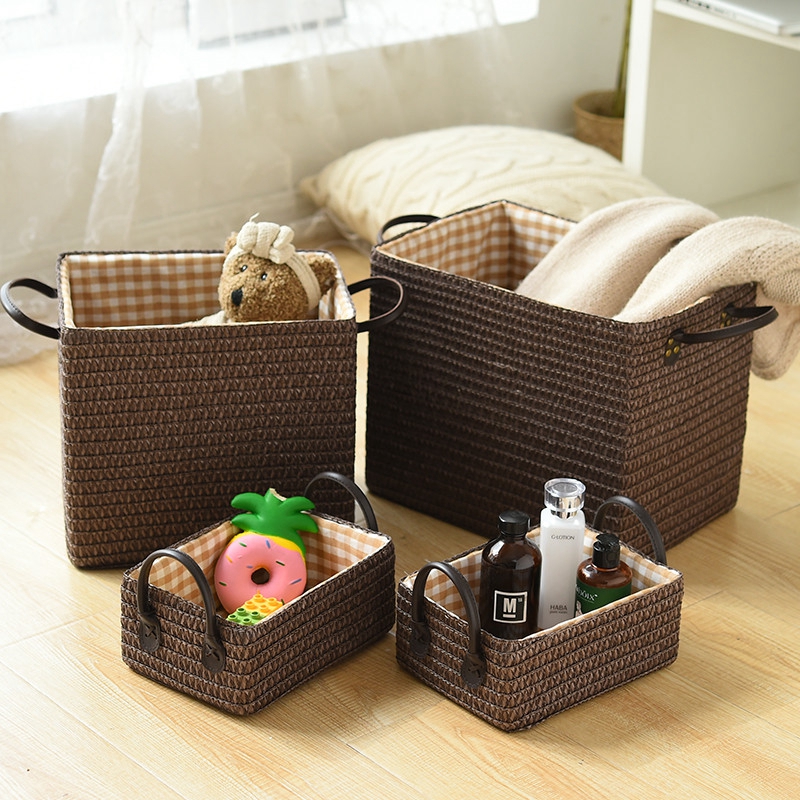 Ins Simple Woven Storage Basket with Handles Desktop Sundries Baskets Household Dirty Laundry Basket Books Cosmetic Organizer