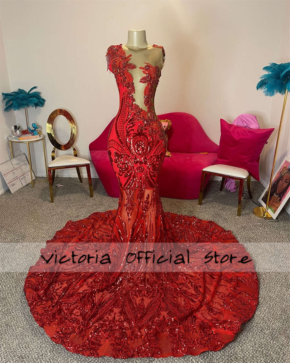 Hermoso vestido de encaje de lentejuelas rojas Prom 2024 Blackgirl Mermaid Fiest Dress Mujeres Elegantes Ves a través de vestidos formales