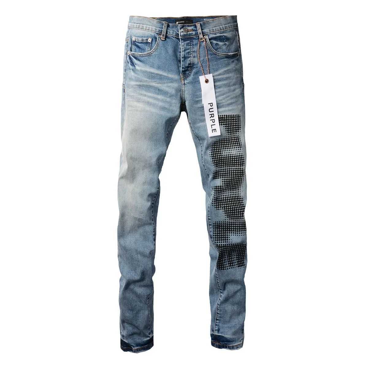 Högkvalitativa lila varumärkesjeans med high street blå tryck brev mode reparation låg stigande mager denim byxor 28-40 storlek storlek