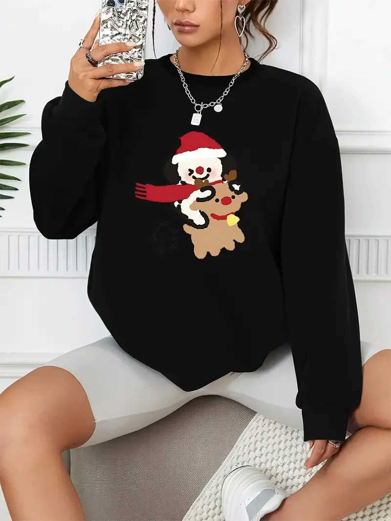 Mens Hoodies Christmas Cute Puppy Reindeer Print Pullover Casual Loose Fashion Long-Sleeved Sweatshirt Solid Color Womens Clothing 240412