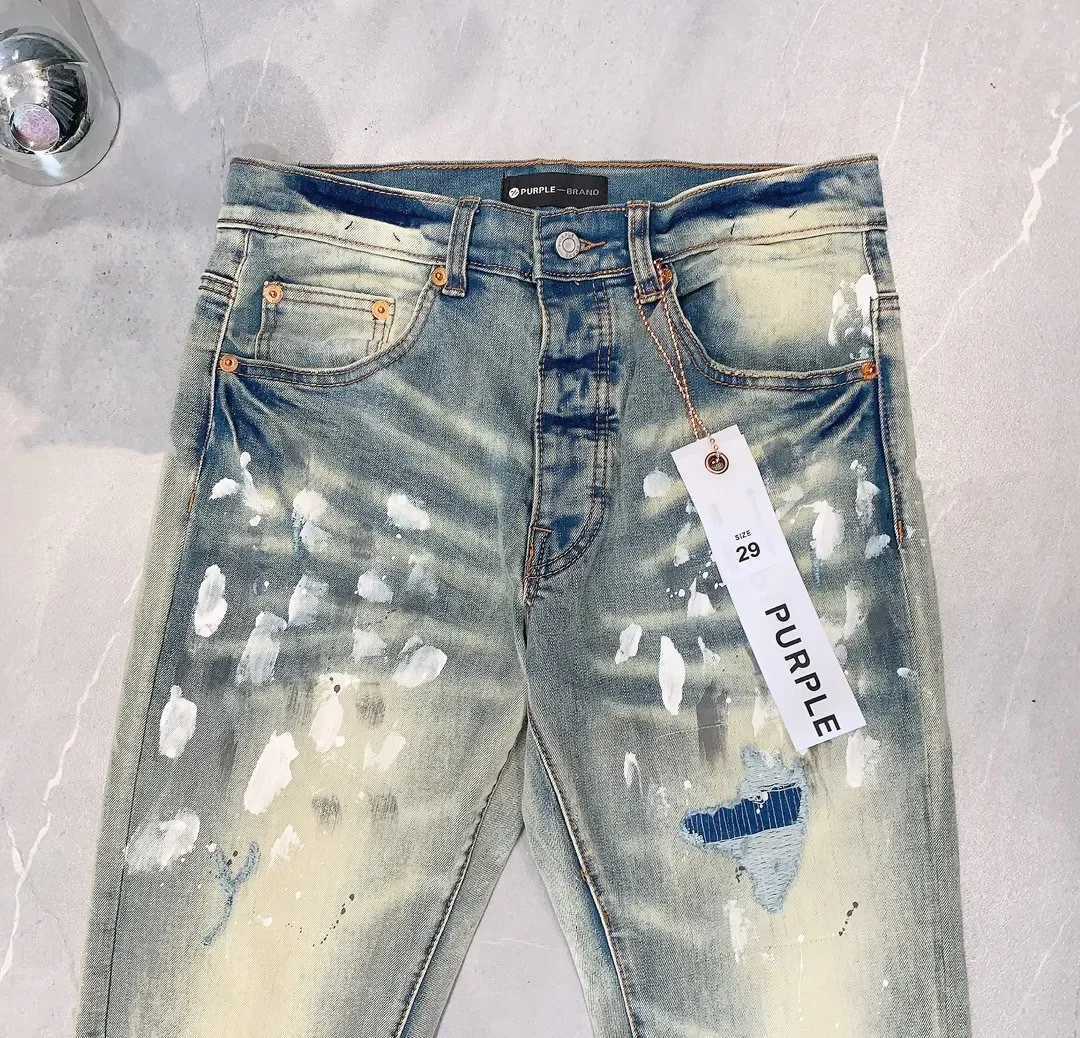 Jeans di marca viola moda di alta qualità con riparazioni di strada e pantaloni di denim aderenti a basso taglio