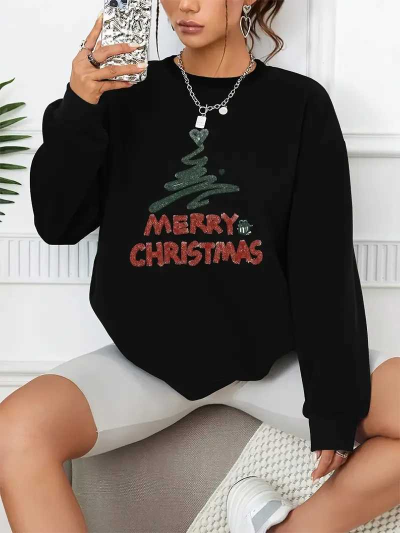 Sweatshirts Mens Hoodies Sweatshirts Merry Christmas Print Pullover Casual Loose Fashion Long-Sleeved Sweatshirt Solid Color Womens Clothing 240412