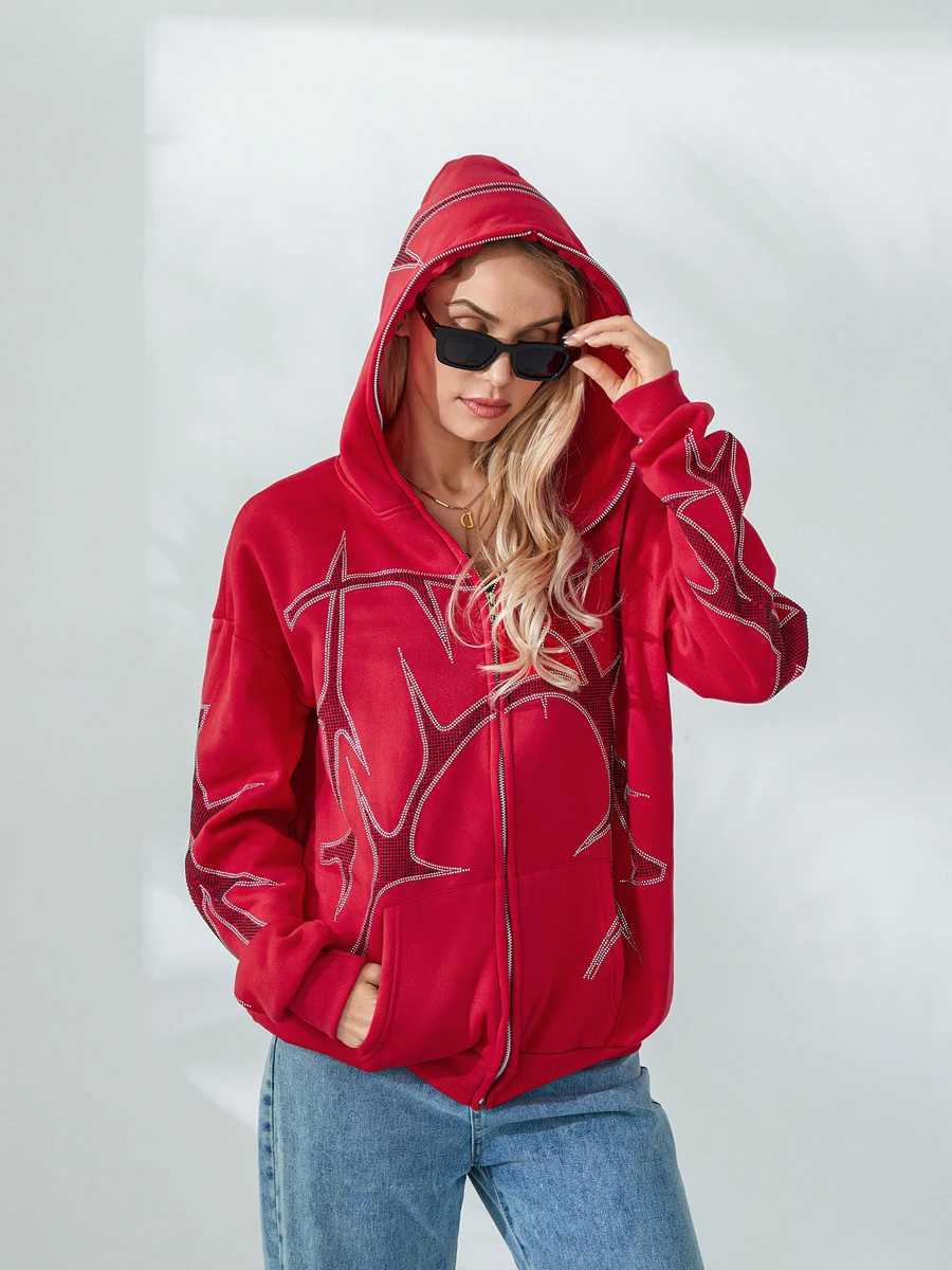 Sweatshirts Hoodies Sweatshirts Y2K Femmes Graphic Imprimé Zip Up Up Sweat-Sweat Fit Loose Fit Long Sweet-shirt With Poches 2023 Automne Streetwear 240412