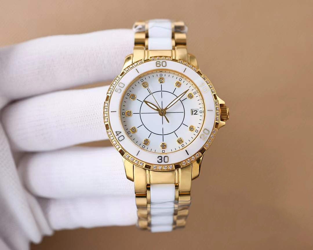 クラシック女性自動日付機械時計茶色の本物の革番号カレンダー腕時計12シリーズクロックホワイトセラミックストラップウォッチ防水36mm