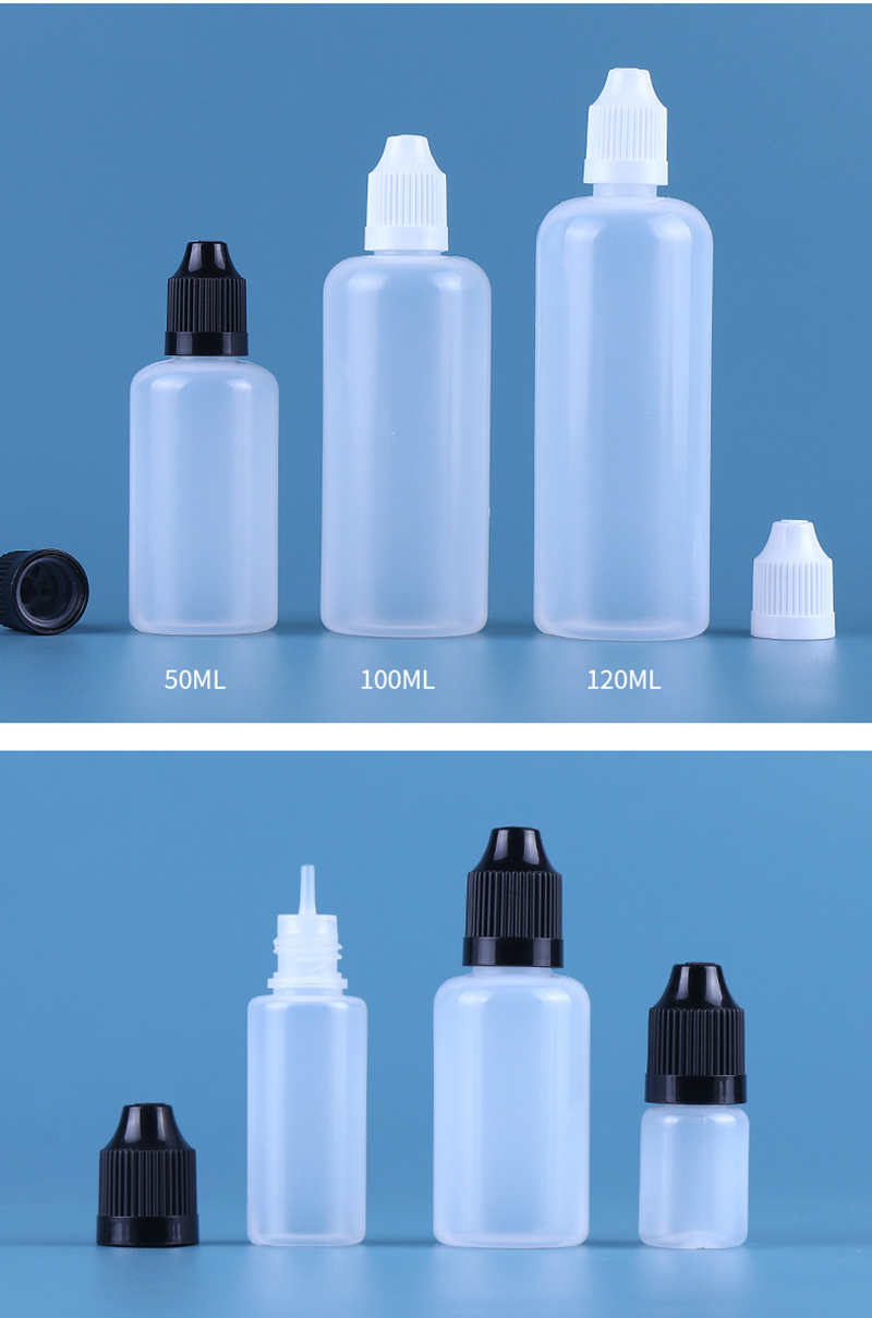 Botellas de gotero Eliquid 3ml 5ml 10ml 15ml 20ml 30ml 50ml 60ml 100ml Botellas de plástico de 120 ml con tapas a prueba de niños Botella líquida