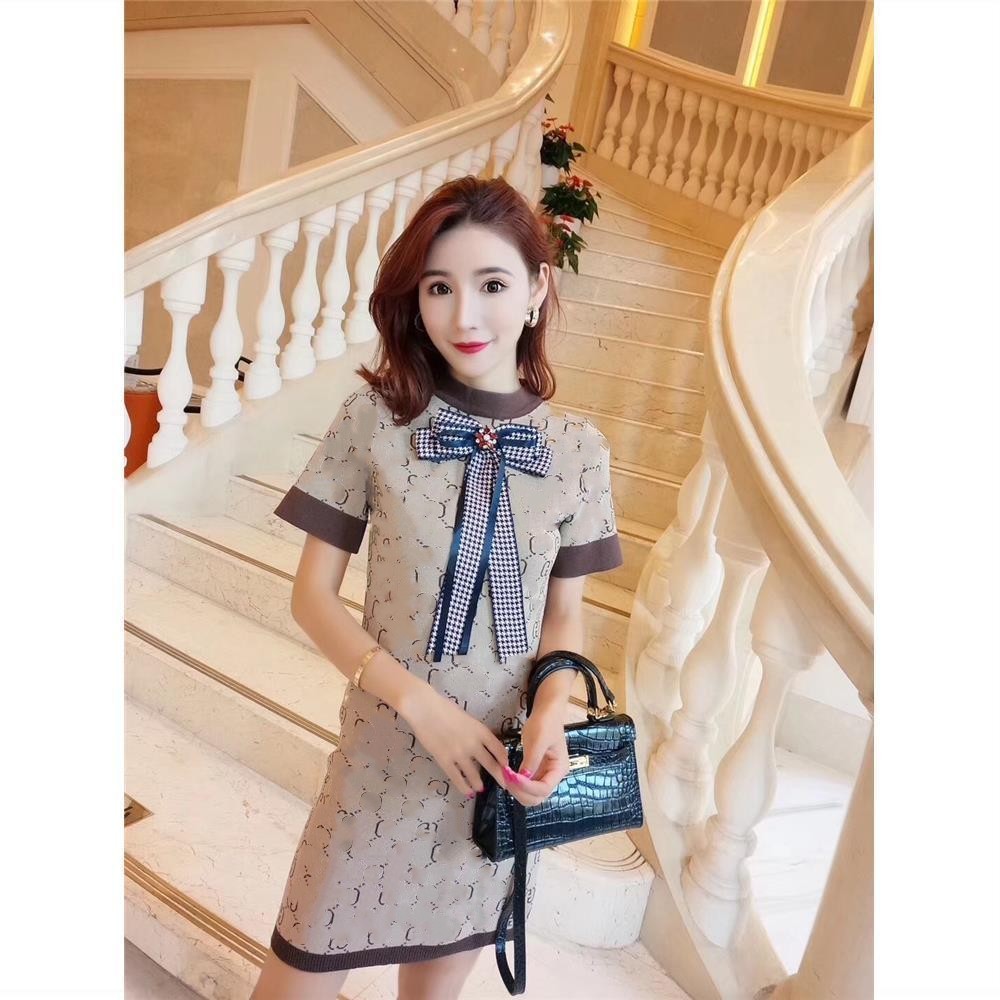 Summer designer women o-neck bow patchwork cute short sleeve logo letter jacquard knitted dress MLXLXXL