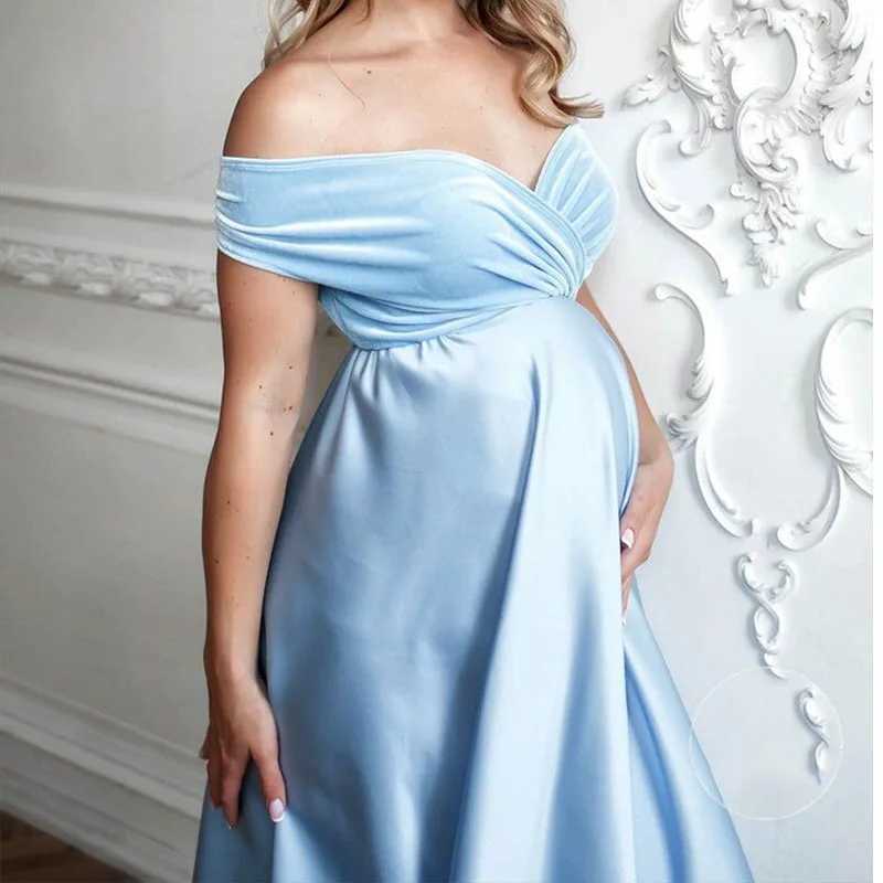 Sukienki macierzyńskie Ubrania dla kobiet w ciąży Elegancka satynowa szyfonowa luźna sukienka macierzyńska fotografowanie boho w ciąży sukienka 240413