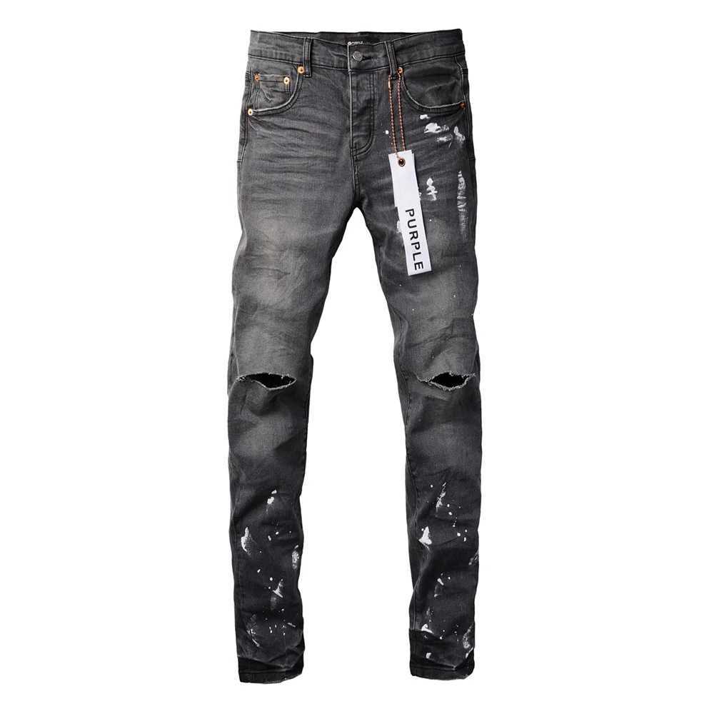 Hot New Fashion Slim Purple Brand Jeans Men Vintage wash Distressed High Street Slim Fit Black Paint Old Trend Hip Hop Jeans