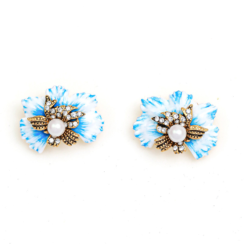 Vintage flower women's earring hand-painted enamel inlaid diamond copper 18K gold plated luxury flower ear studs New design DJ-01