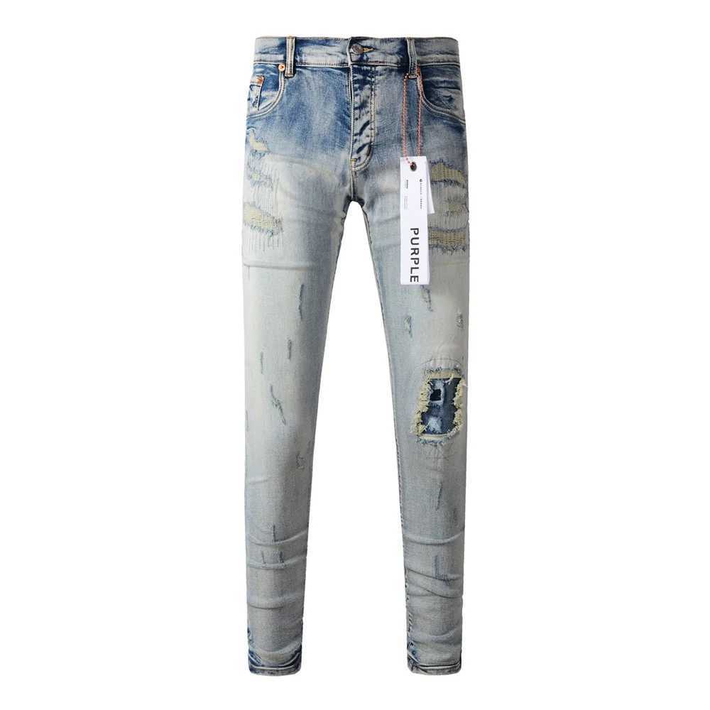 High Street Fashioner Designer Purple Brand Jeans Men Retro Wash Light Blue Stenny Skinny Fit Jeans Patched Hip Hop Brand Pant