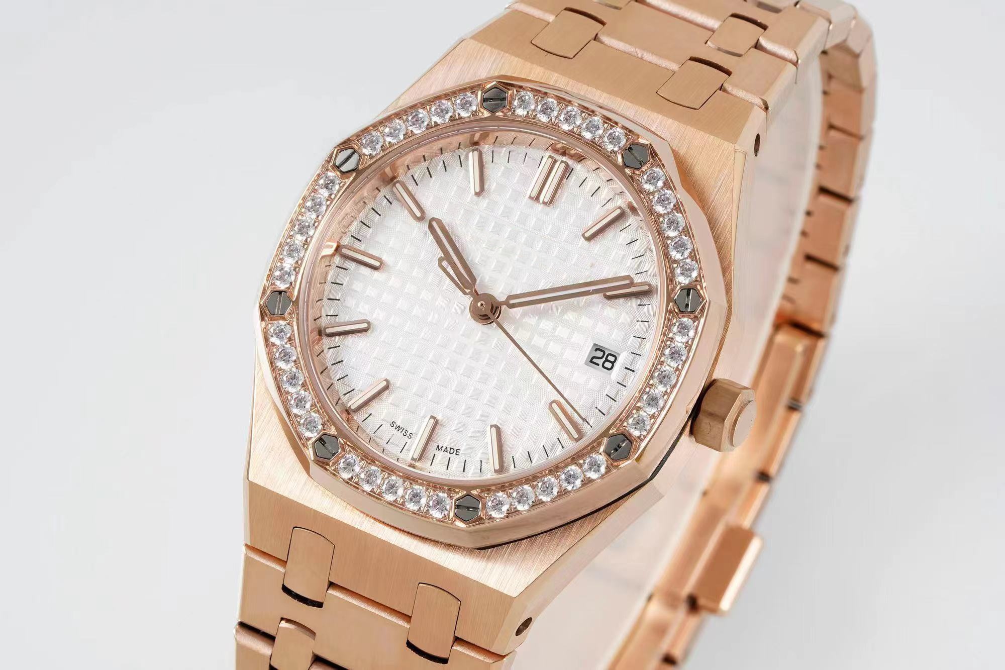 2024 8f Actualización de fábrica Diámetro del reloj Mens 34 mm CAL.5800 Movimiento automático de devanado Rose Rose Swing Automatic Acero Fine Acero Mirador de vidrio de cristal de zafiro