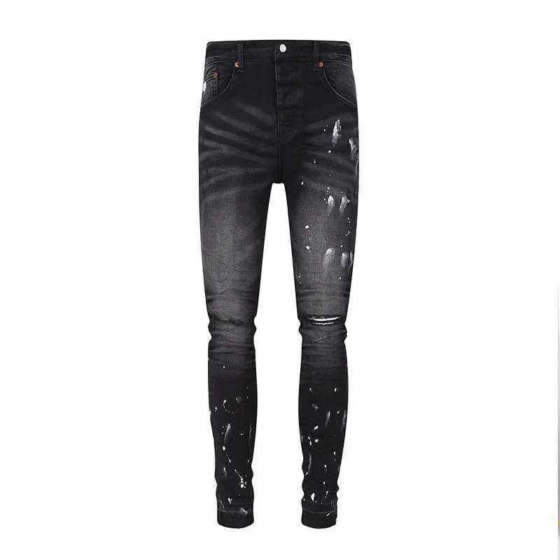 High Street Black Paint Distressed Purple Brand Jeans Fashion Hoge kwaliteit broek 1 1 28-40 maat