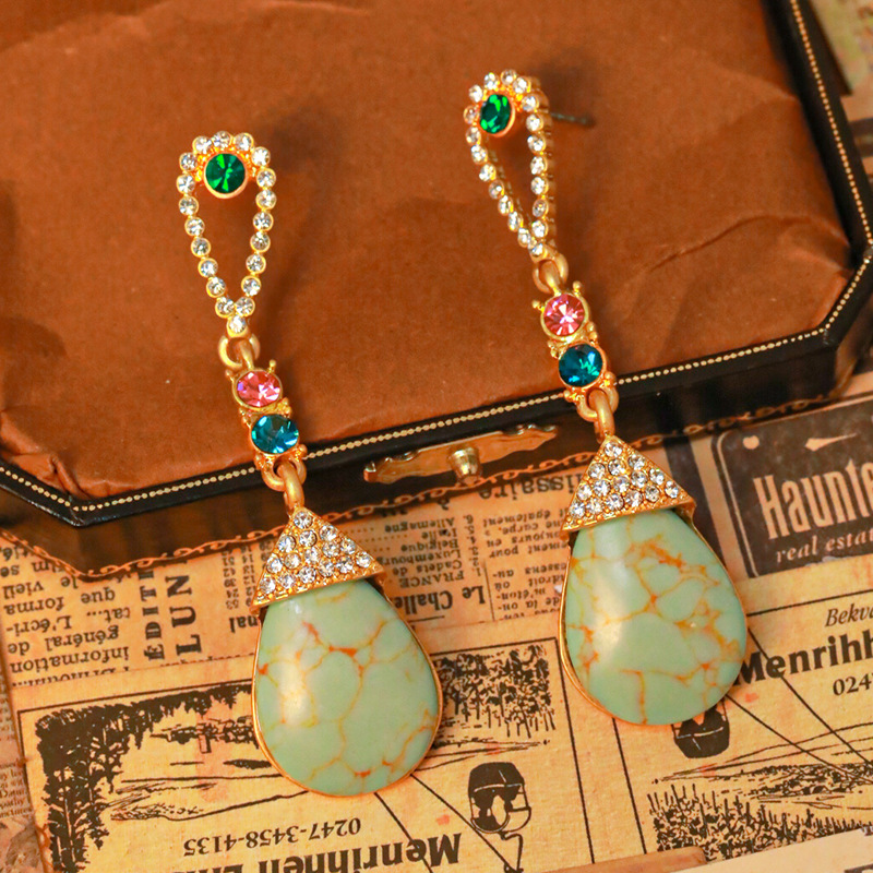Vintage glazen paleis oorbellen edelsteen ingelegd met diamant koper vergulde turquoise oorbellen middeleeuwse sieraden nieuw ontwerp dj-04