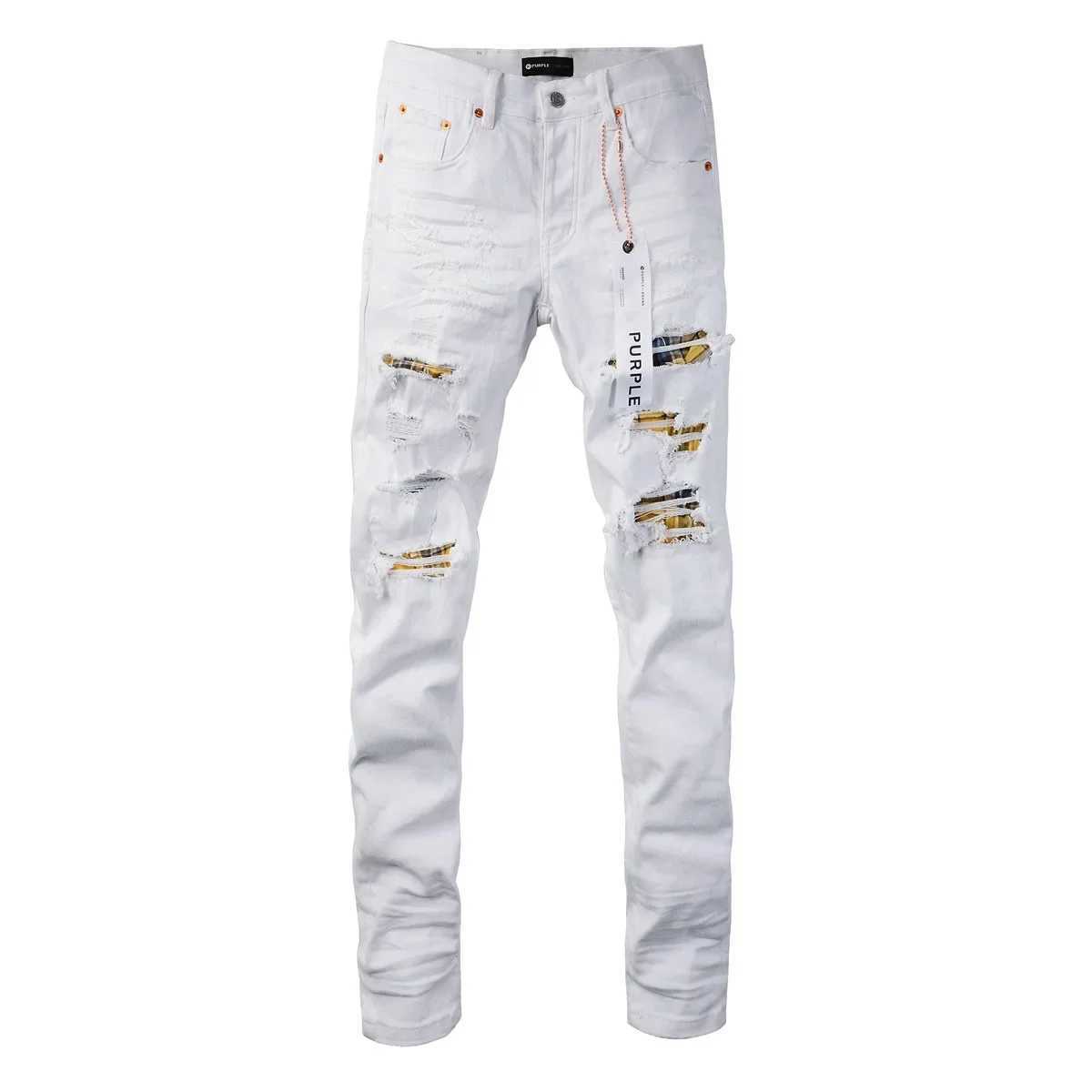 Lila Marke Jeans Mode hochwertige High Street White Patch Loch Reparatur niedriger konvexer Denimhose 28-40 Hose Größe