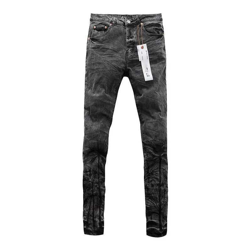Wysokiej jakości purpurowa marka dżinsy American High Street Coconut Tree Print Czarne stylowe i szczupłe spodnie