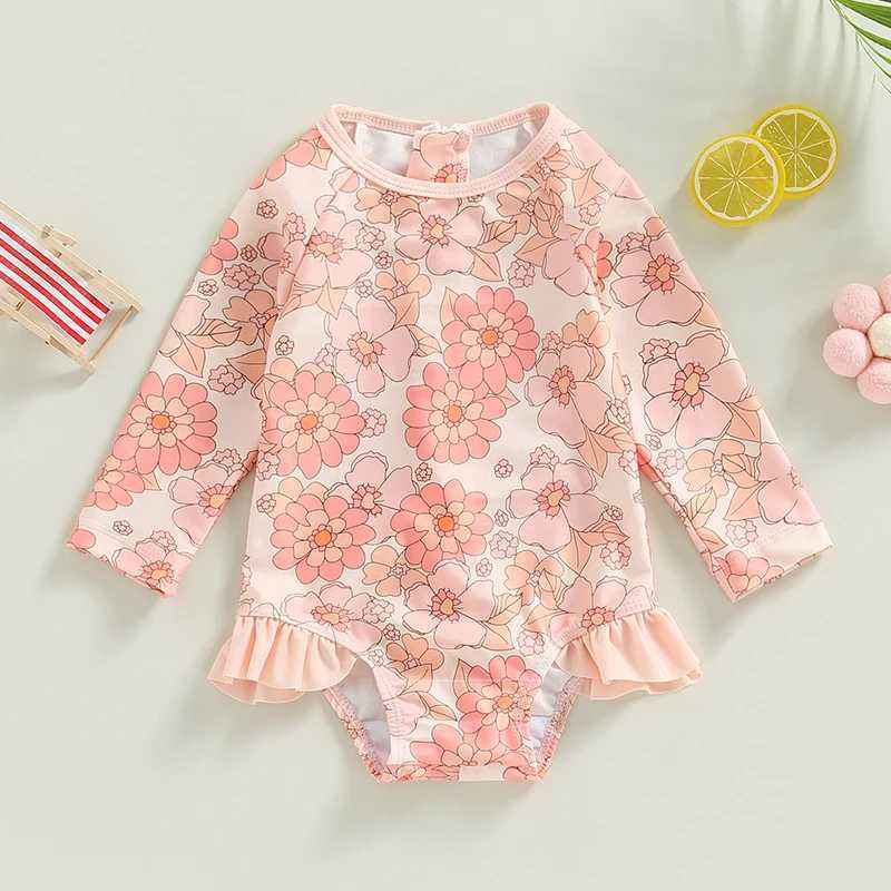 Endelar Fashion 2023 Summer Småbarn Nyfödda Baby Girl Swimits Floral Print Långärmad dragkedja Pullover Bodysuits Badkläder kläder