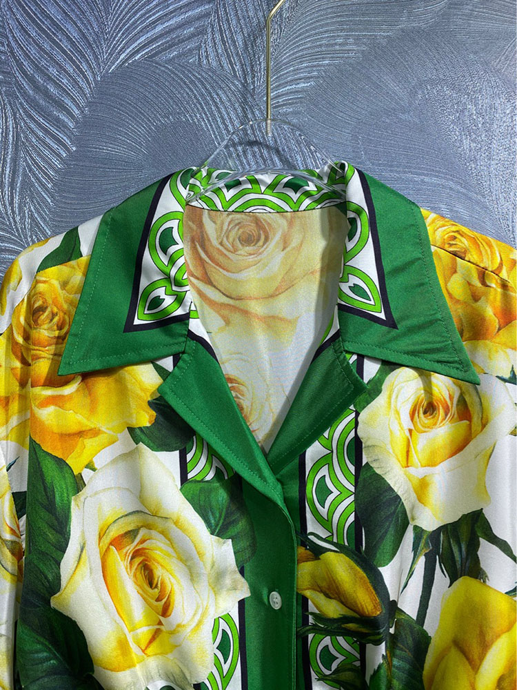 Asymmetrical Silk Blouses Spring Summer Women Yellow Rose Flower Printing Shirts Turn-down Collar Single Breasted Summer Street Laptops