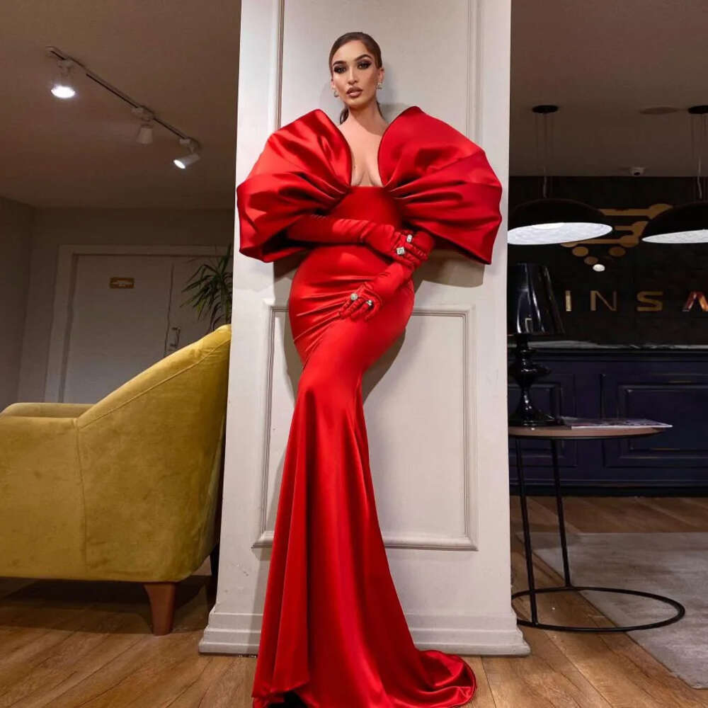 KSDN Red Prom Dress Puff Short Sleeve Floor Length Mermaid V-neck Satin Without Gloves Elegant Gown Women Dresses Custom