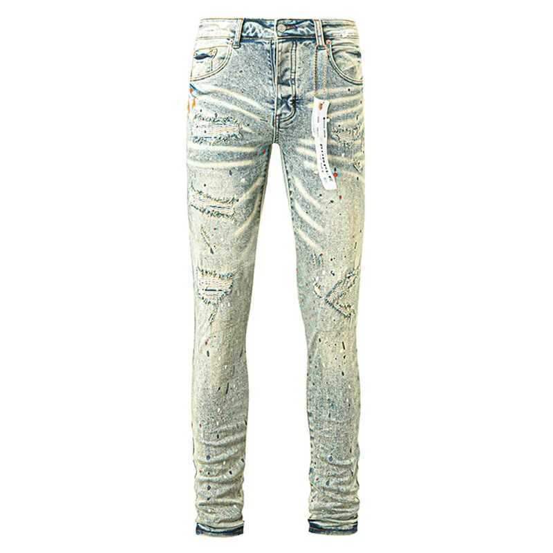 Purple Brand Jeans Trend Hole Dirty Washed Straight American Elemy and Slim Skinny Pantal