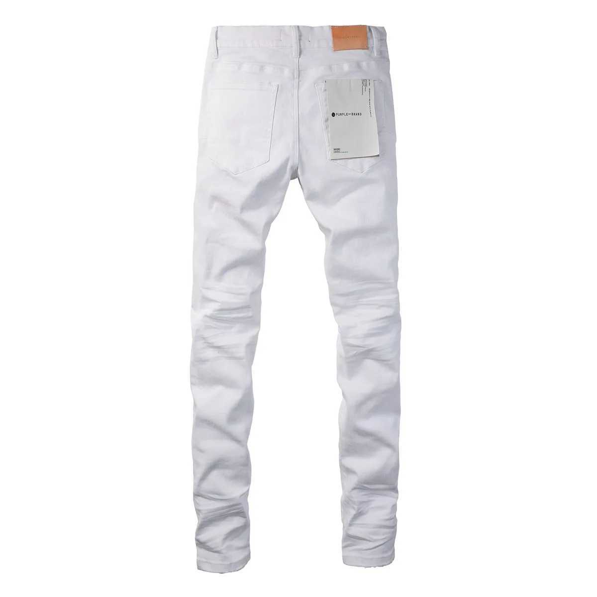 Nytt högkvalitativt lila märke 1 1 2024 Slim Fashion Jeans High Street White Patch Ripped Jeans
