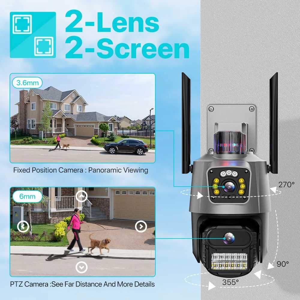 IP-camera's Outdoor Wifi PTZ Camera 4K 8MP HD Dual-Lens Dual Screen Camera AI Auto Tracking 4MP Video Surveillance Police Licht alarm ICSEE 240413