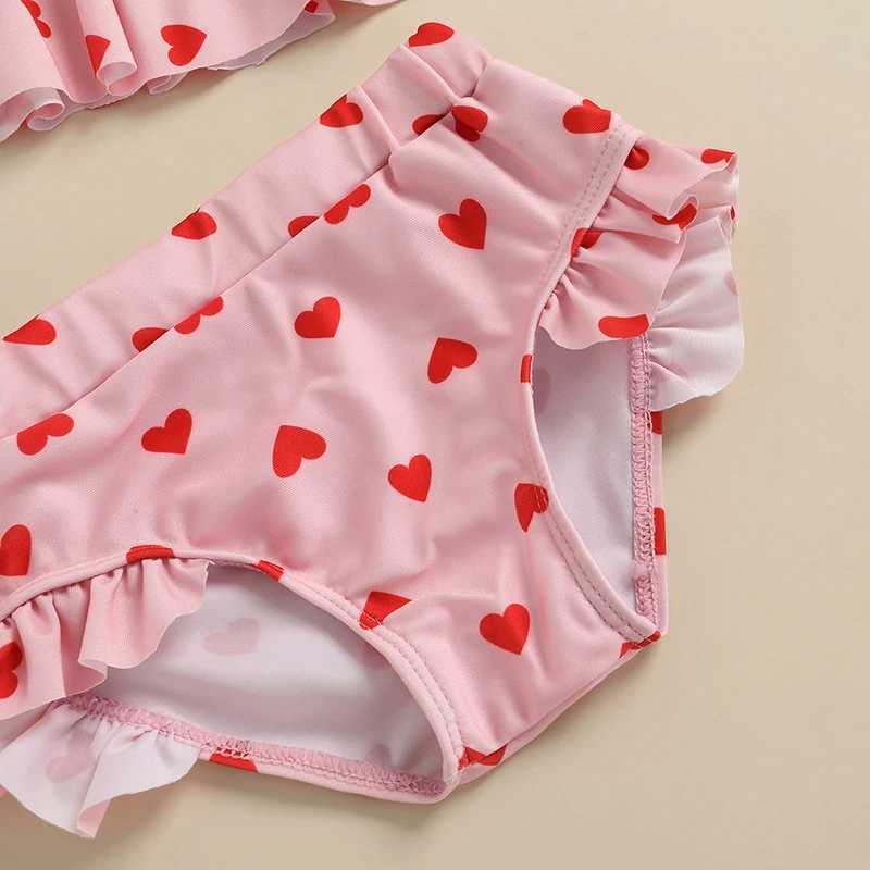 Één-stuks 3 stks babymeisjes zwemkleding bikini set hartprint frilly tanktops+shorts+hoed zwempak badpak voor peuters baby's 0-24m