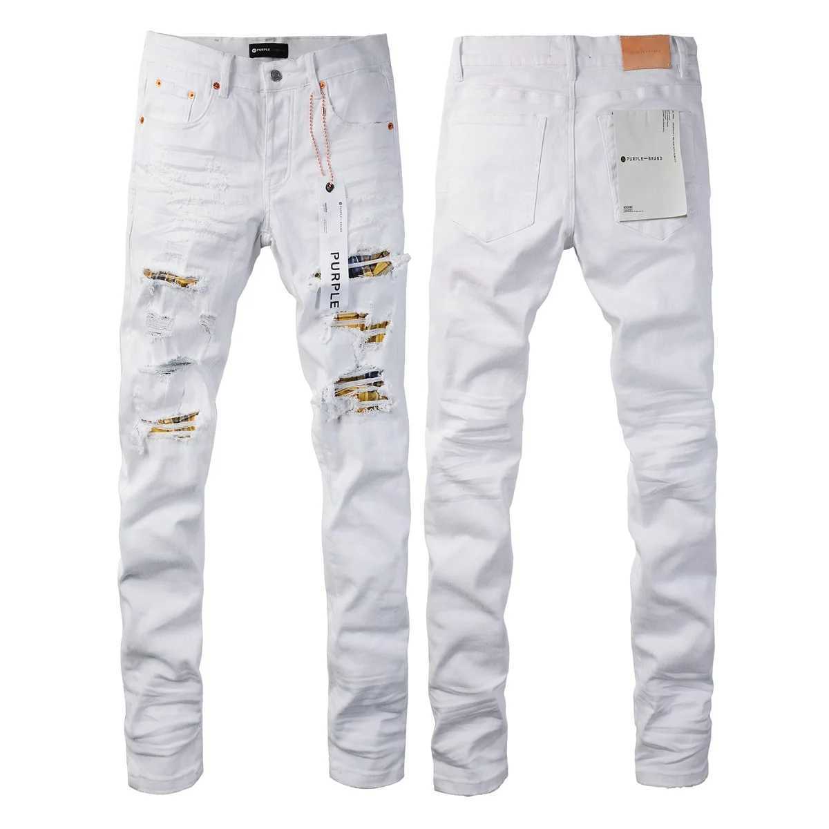 Nytt högkvalitativt lila märke 1 1 2024 Slim Fashion Jeans High Street White Patch Ripped Jeans