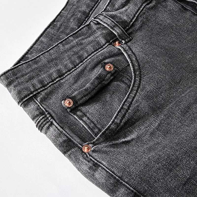 Hochwertige Lila Brand Jeans American High Street Kokosnussbaumdruck schwarzer stilvoller und schlanker Hosen