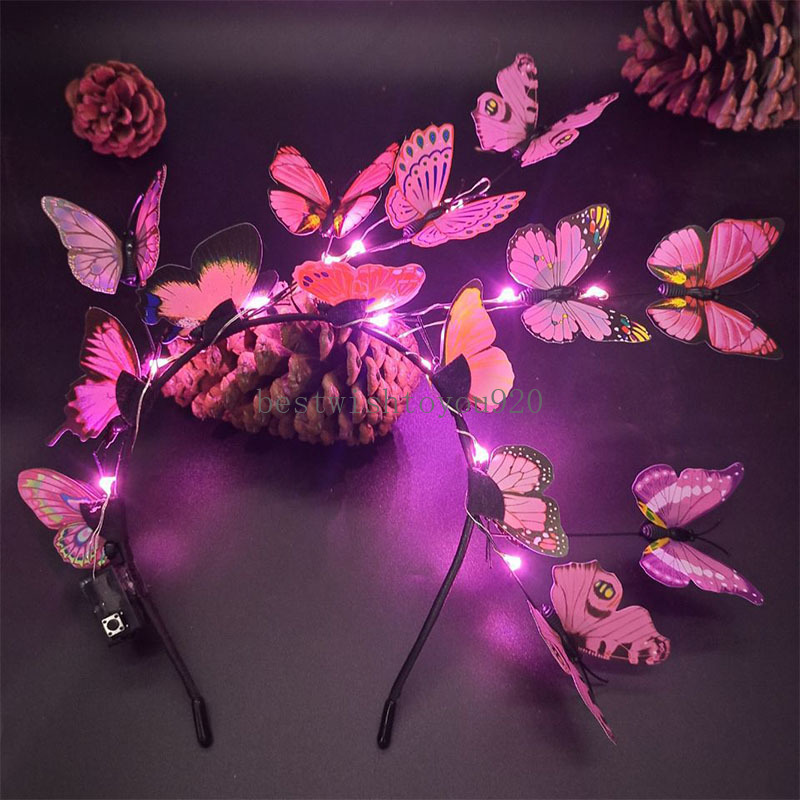 Nytt glödande fjärils pannband med LED -lampor handgjorda hårband hår båge färgglada girland bröllop hårtillbehör