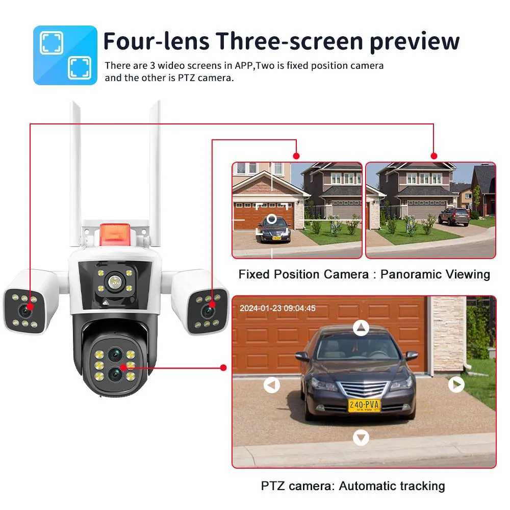 Caméras IP 16MP 8K HD CAMÉRIE IP IP Four Lens TROIS ÉCRAN 10X ZOOM OUTDOOR PTZ Sécurité Caméra Auto Tracking Security Protection CCTV CAM 240413