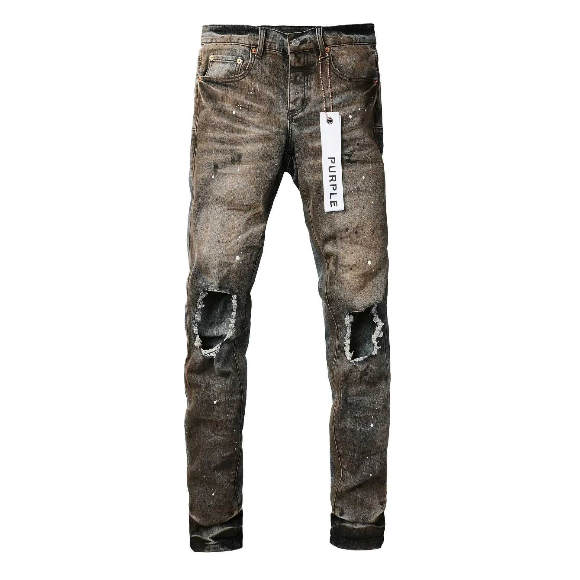 2024 neue lila Marke Jeans mit High Street Distressed Dual Tone Wash Reparatur niedriger Röhrenhose Denimhose