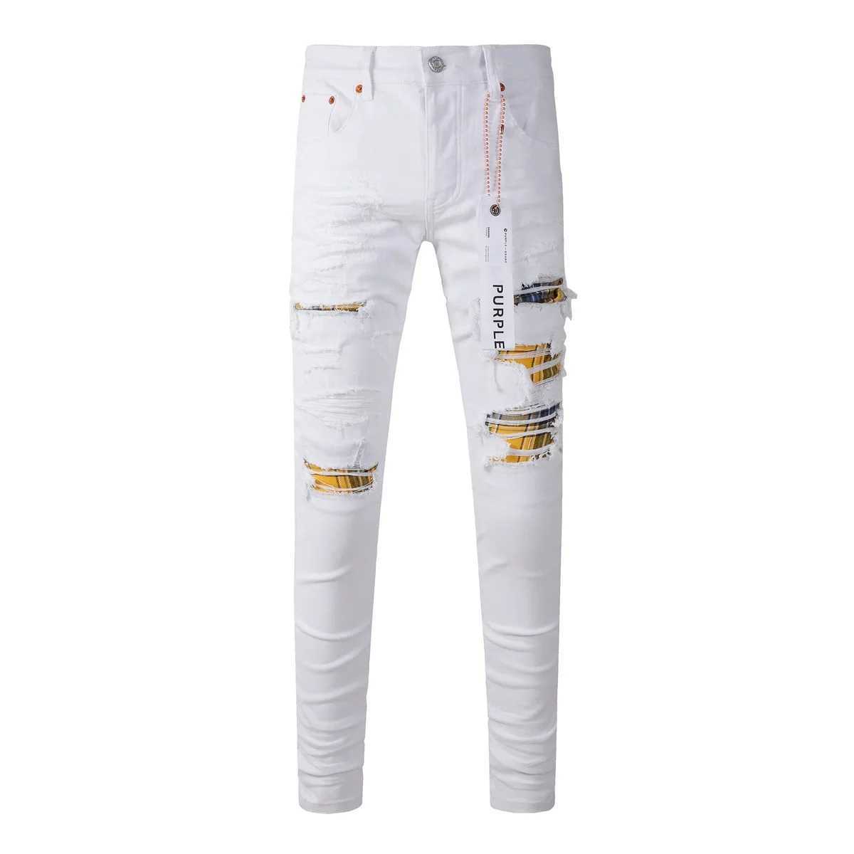 Nytt högkvalitativt lila märke 1 1 2024 Slim Fashion Jeans High Street White Patch Ripped Jeans