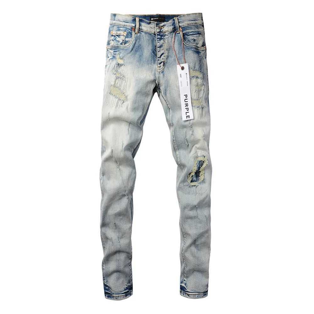 High Street Fashioner Designer Purple Brand Jeans Men Retro Wash Light Blue Stenny Skinny Fit Jeans Patched Hip Hop Brand Pant