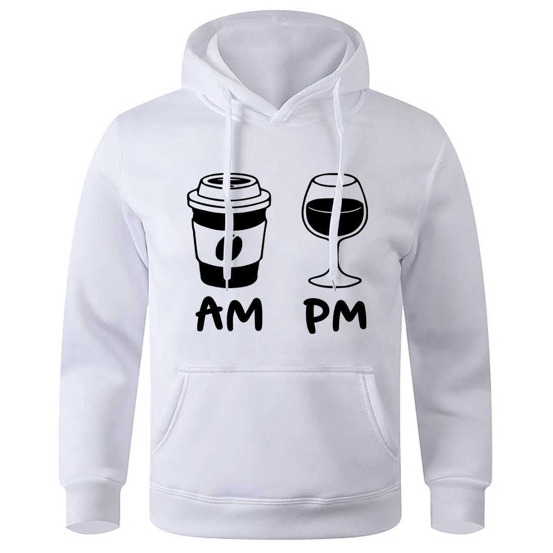 Sweatshirts Mens Jackets Morning Coffee Evening Wine Print Mens Hooded Mode Kwaliteit Hoodies Street Oversize Pullovers Autumn Comfortal Mans Kleding 240412