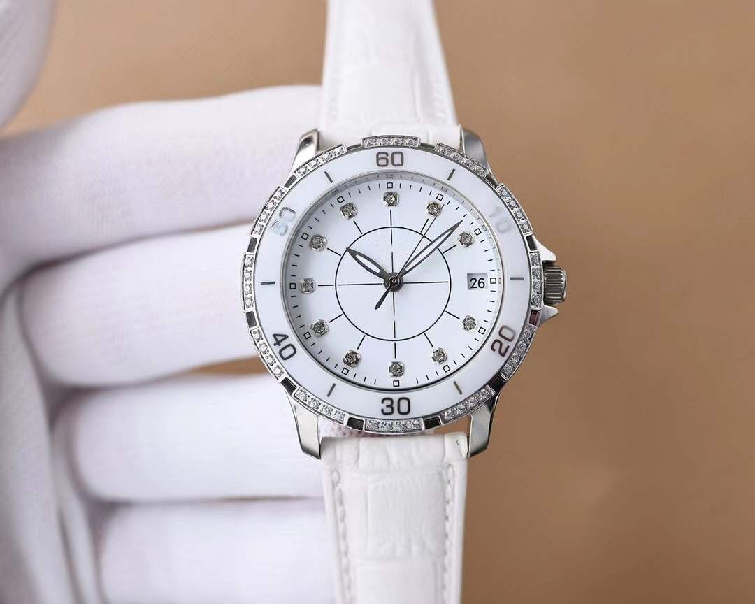 Klasyczne kobiety automatyczne zegarki mechaniczne brązowy oryginalny kalendarz ze zegara na rękę 12-serwisową zegar Biały ceramiczny pasek zegarek Wodoodporny 36 mm