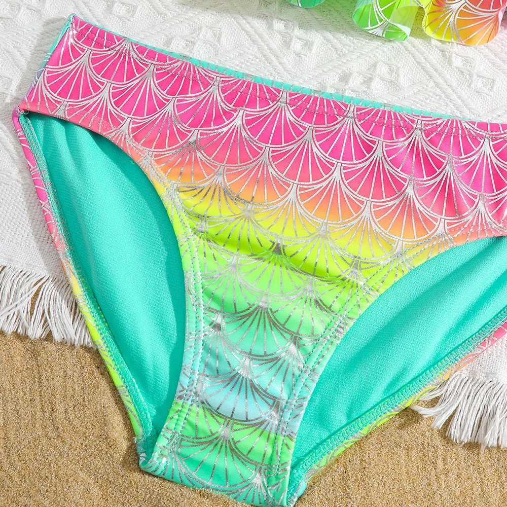 Two-Pieces Girls Fish Scale Mermaid Bikini Swimsuit Kids Ombre Ruffle Two Piece Childrens Swimwear 4-18 Years Teenagers Swim Bathing Suit