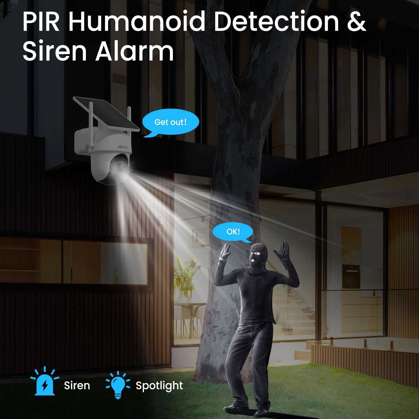 IP -kameror Anran 2K Wireless Solar Battery Camera Kit 360 PTZ Surveillance Security Outdoor WiFi Camera Set Humanoid Detection Siren Alarm 24413