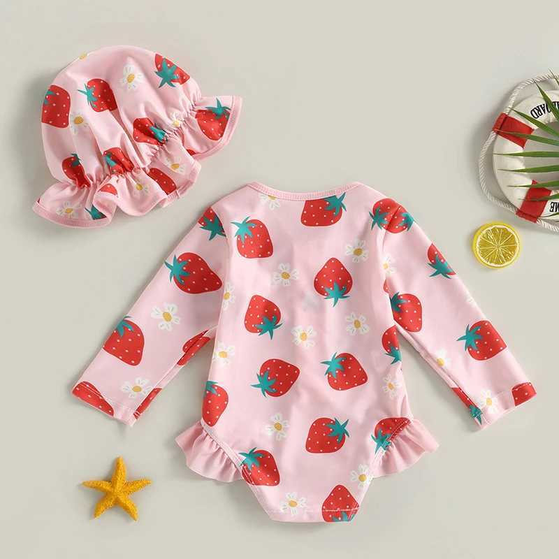 ワンピースvisgogo幼児の女の子ラッシュガード水着セット夏の長袖Strberry Print Bathing Suit + Sun Hat Infant New Born Whimwear