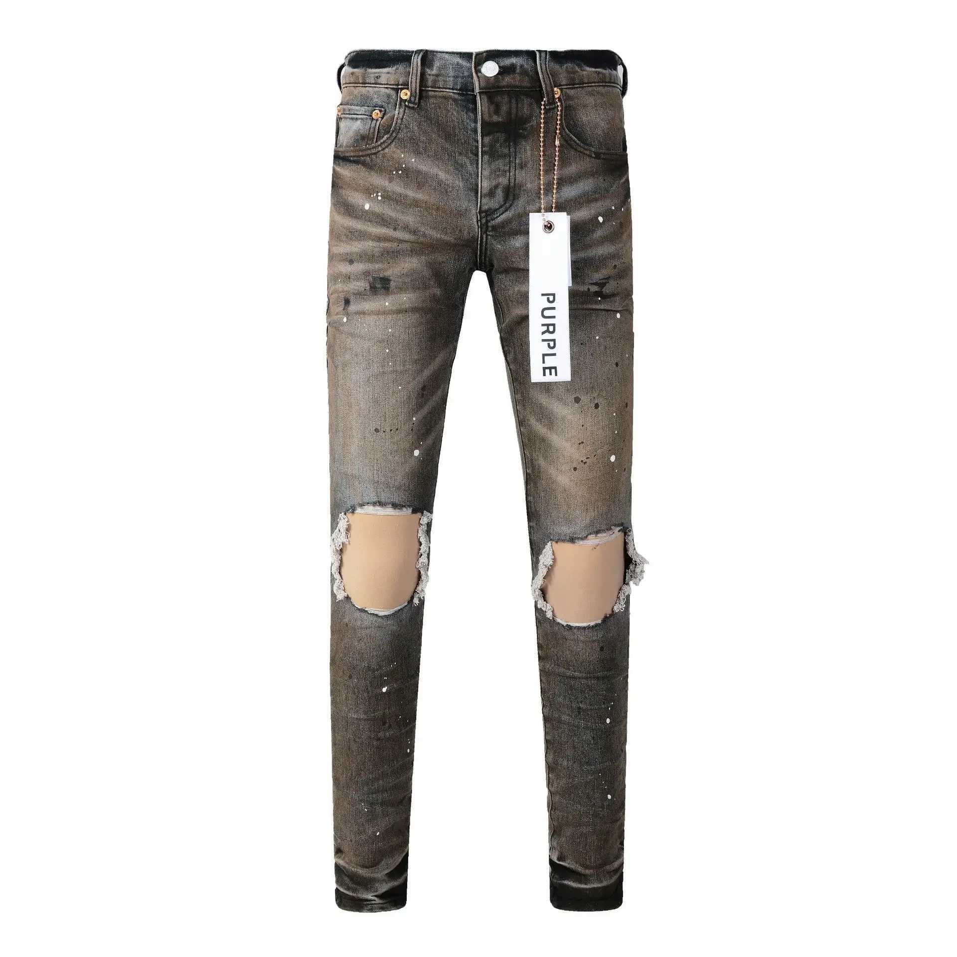 2024 neue lila Marke Jeans mit High Street Distressed Dual Tone Wash Reparatur niedriger Röhrenhose Denimhose