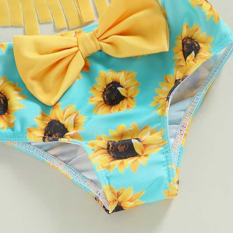 One-Pieces 2-7Y Kids Bikini Set Girls Swimwear 2023 Summer Tassel Sling Sunflower Print Bow Bathing Suits Children Beachwear Baby Swimsuits