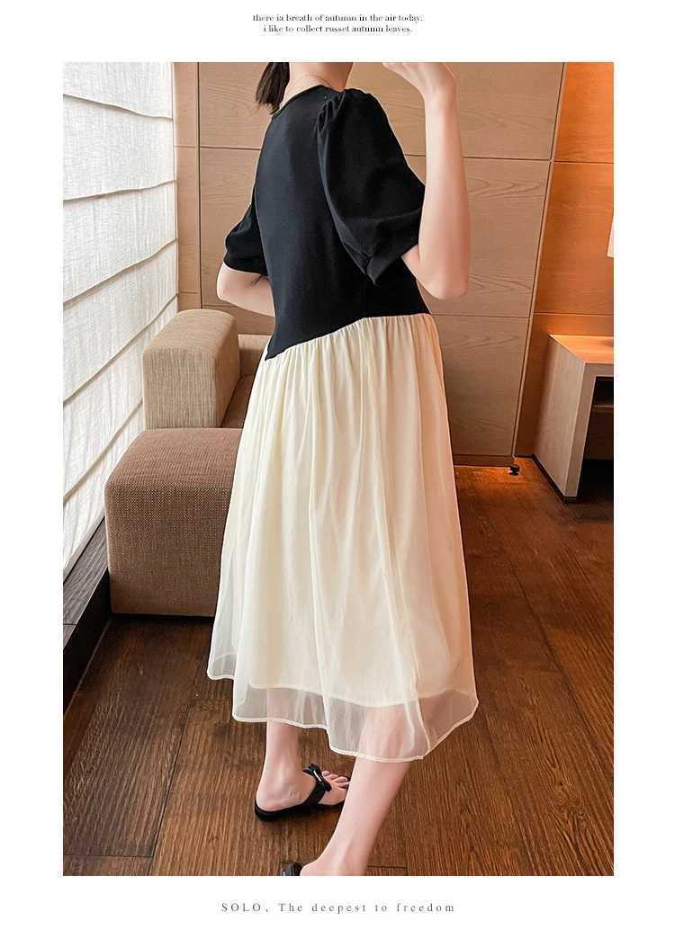 Maternity Dresses Elegant Maternity Summer Dress Beaded V-neck Short Sleeve Chiffon Patchwork Pregnant Woman A-line Dress Block Color Lady Clothes 240413