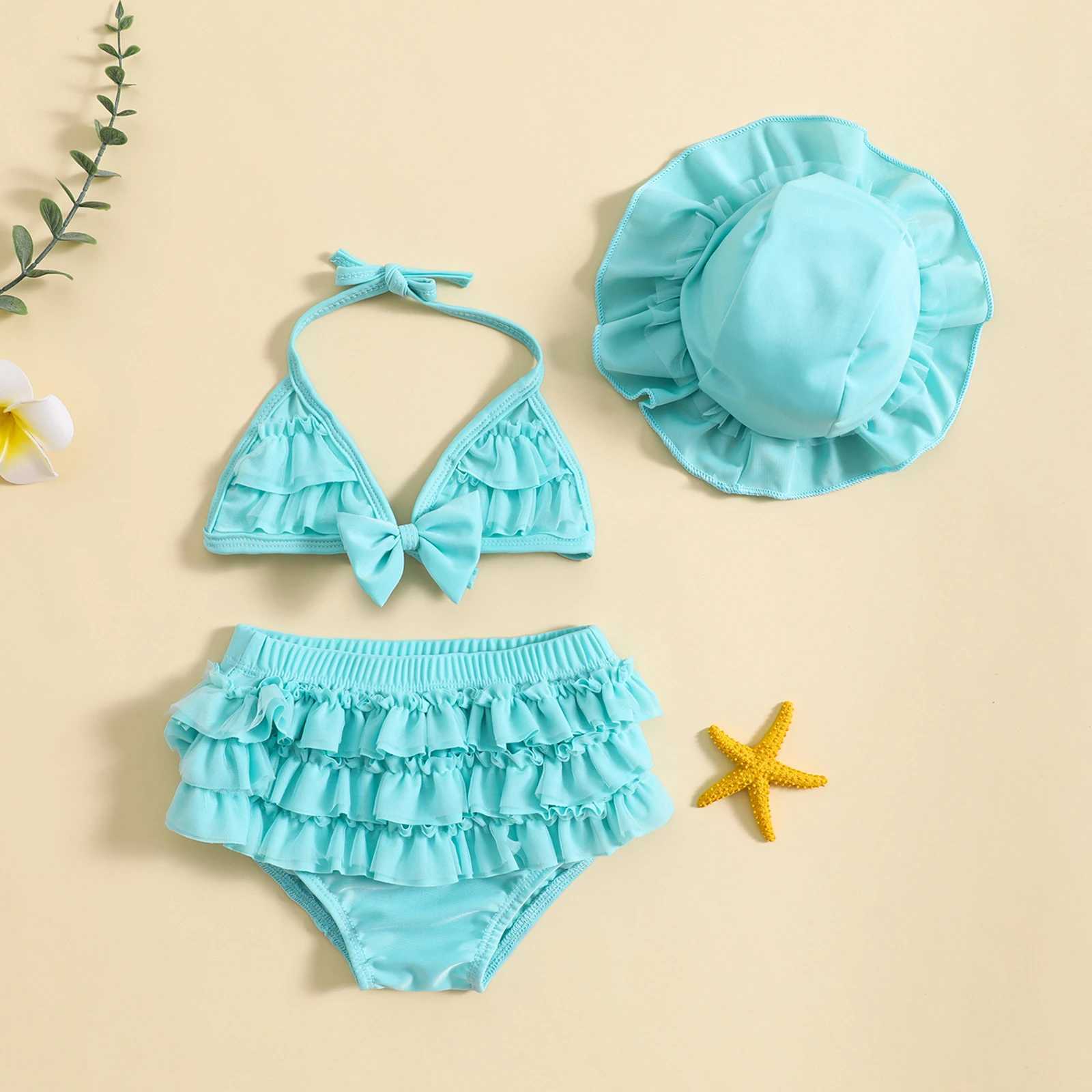 Pezzi ewodos neonate bambine estate costumi da bagno bikini set di bambini adorabili tops collo cazzo + pantaloncini a strati + set di costumi da bagno cappello