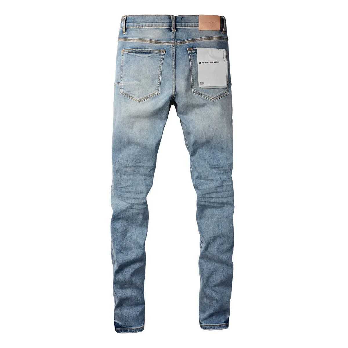 Jeans de marca roxa de alta qualidade com letras de impressão azul de rua de rua Reparação de moda de moda baixa