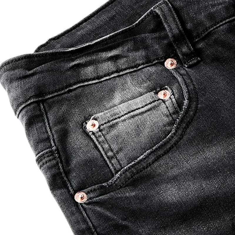 Högkvalitativa varumärken Jeans Splashed Ink nödställda motorcykel Stylish och Slim Pants